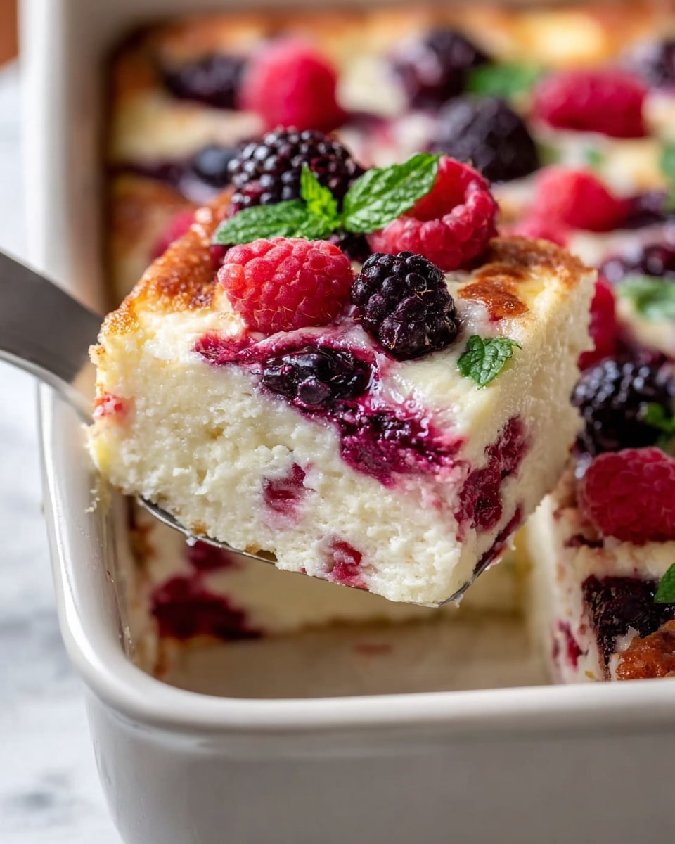 A close-up of a creamy white baked dessert cut into square pieces inside a white rectangular baking dish, showing a soft, fluffy texture with some fresh red raspberries and dark purple blackberries baked into and on top of the dessert, garnished with small green mint leaves. A piece is being lifted with a silver spatula, revealing the thick, rich inside filled with the bright red and deep purple berries, with a slightly golden crust on top. The white marbled surface underneath the dish adds a clean, bright background. photo taken with an iphone --ar 4:5 --v 7