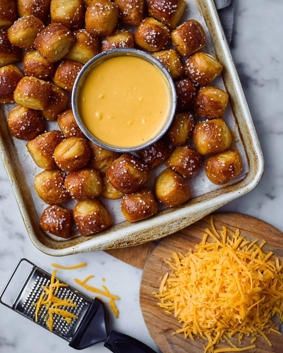 The image shows a white baking tray filled with many small, golden-brown pretzel bites sprinkled with coarse salt. In the center of the tray, there is a small round metal cup filled with smooth, creamy, orange cheese sauce. To the side on a wooden board, there is a pile of shredded yellow cheddar cheese with a black grater partially visible. The whole setup is placed on a white marbled surface. photo taken with an iphone --ar 4:5 --v 7