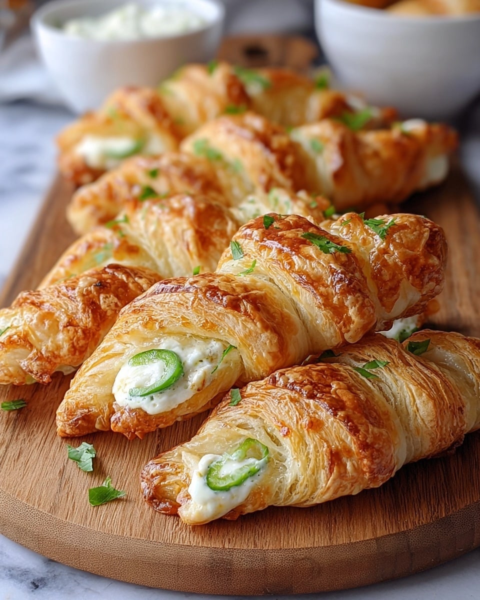 The image shows several golden-brown croissant twists placed on a wooden board. Each croissant has crispy, flaky outer layers with slightly darker baked edges, giving a crunchy texture look. The croissants are sliced open lengthwise, filled with a creamy white cheese layer, and thin green pepper slices add color and texture inside. Small pieces of green herbs are sprinkled on top of the cheese filling, adding a fresh touch. The background features a soft focus of white bowls and a white marbled texture underneath the wooden board. photo taken with an iphone --ar 4:5 --v 7