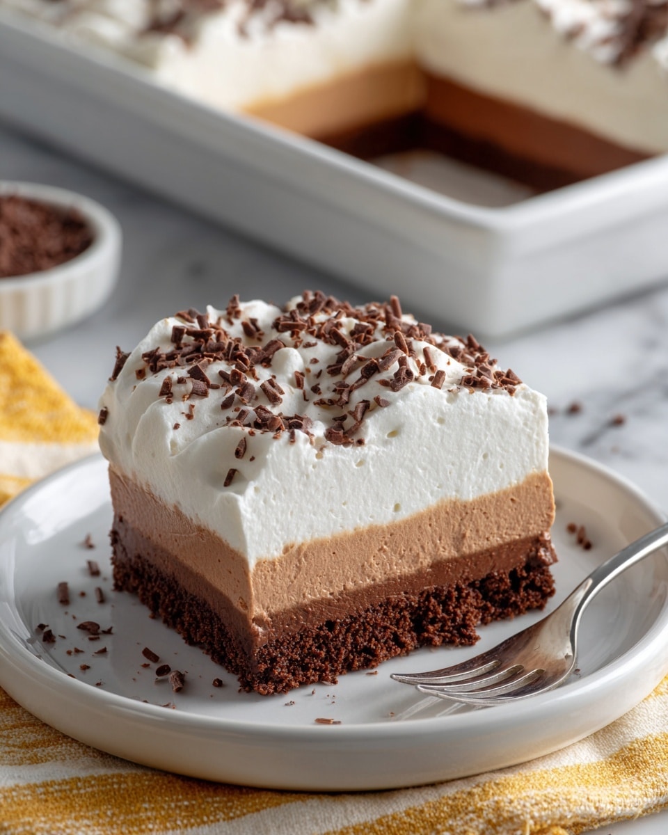 A large dark, rectangular baking dish filled with a creamy white layer of whipped topping that covers the entire surface in soft, swirled peaks. The top is sprinkled unevenly with fine, dark brown chocolate shavings, adding texture and contrast. The dish is placed on a white marbled texture background. photo taken with an iphone --ar 4:5 --v 7