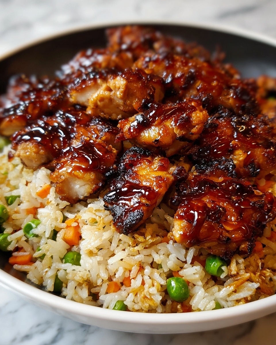 The dish shows two layers in a white bowl on a white marbled surface. The bottom layer is fried rice, mixed with small bits of orange carrot, bright green peas, and some light brown caramelized pieces, giving a textured appearance. On top, there is a generous layer of grilled chicken pieces coated with a shiny, dark brown glaze that looks sticky and caramelized, with some charred spots, making the chicken look richly flavored and tender. photo taken with an iphone --ar 4:5 --v 7