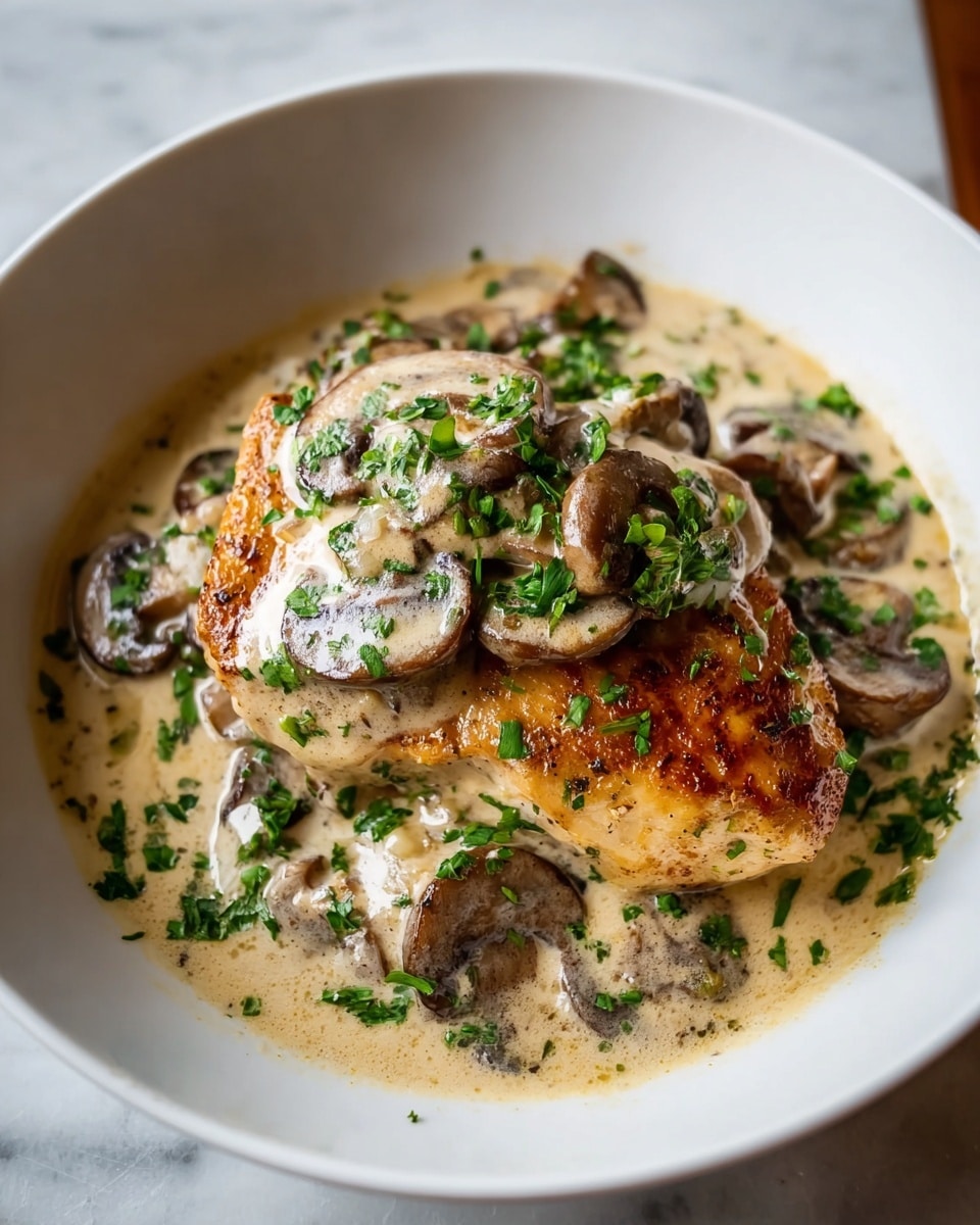 A white bowl holds a golden-brown cooked chicken breast as the main layer, topped with a creamy, light beige mushroom sauce filled with sliced brown mushrooms and finely chopped green herbs sprinkled on top. The sauce surrounds the chicken, pooling at the bottom of the bowl, with the vibrant green herbs adding a fresh contrast to the warm tones of the chicken and sauce. The dish sits on a white marbled surface. photo taken with an iphone --ar 4:5 --v 7