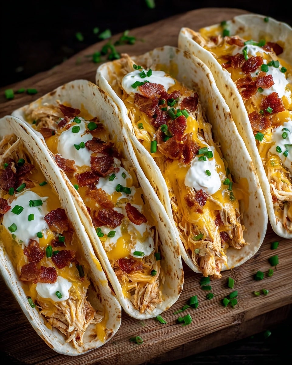 Four soft white tortillas filled with shredded cooked chicken that is light brown in color, topped with a melted layer of bright yellow cheddar cheese, dollops of white sour cream, small bits of crispy dark red bacon, and sprinkled with small green chopped chives, all neatly arranged in a row on a wooden board with a few green chives scattered around, with a dark background. photo taken with an iphone --ar 4:5 --v 7