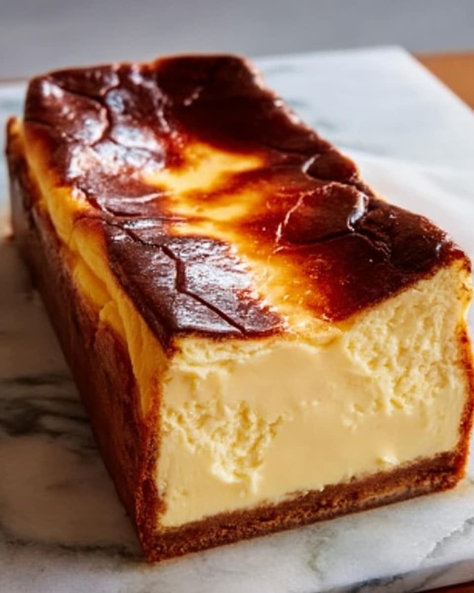 The image shows a rectangular cheesecake with a cracked top and dark brown caramelized edges on a white marbled surface. The cheesecake has a smooth, creamy yellow inside with a firm, browned outer layer. The top is slightly shiny with a rich, burnt sugar look, and the sides have a darker crust. The cake is cut to reveal the thick, soft inside, and there is no plate or bowl shown. Photo taken with an iphone --ar 4:5 --v 7