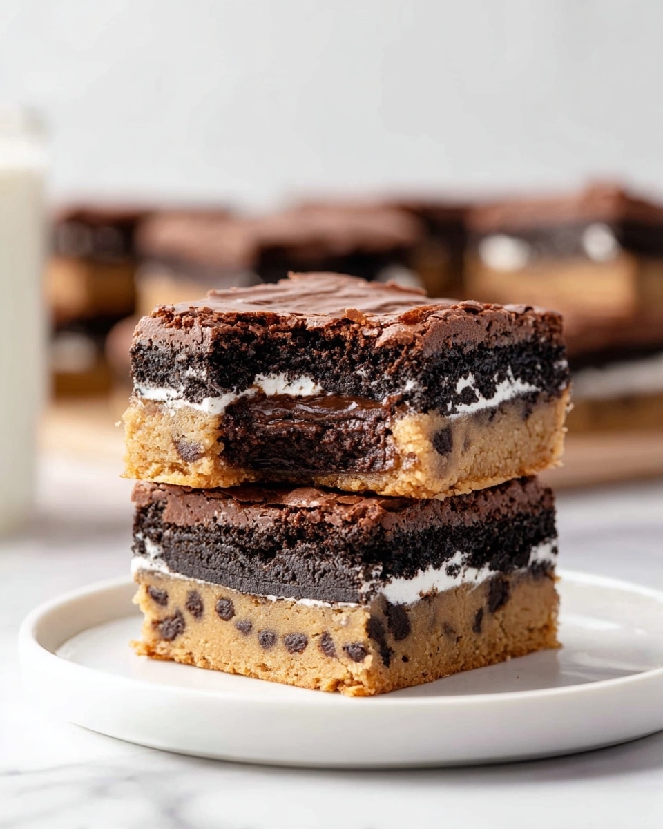 The image shows two stacked layered dessert bars on a white plate placed on a white marbled surface. The bottom layer is a thick light brown cookie dough base with visible chocolate chips, topped by a flat dark brown Oreo cookie layer with white cream in the center, and then a thick, rich, dark chocolate brownie layer with a slightly cracked top. The top dessert bar has a bite taken out, revealing the gooey texture of the brownie layer and the cookie layer underneath. The background is softly blurred, showcasing more of the same dessert. Photo taken with an iphone --ar 4:5 --v 7