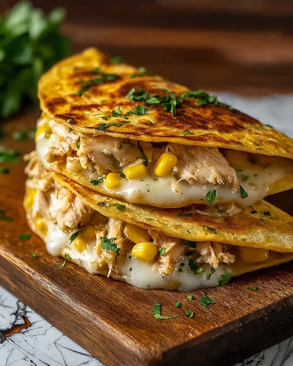 The image shows two golden-brown, crispy grilled corn tortillas folded in half and stacked on a wooden board. Each tortilla is filled with a creamy white melted cheese layer that oozes slightly out of the edges, mixed with shredded light tan chicken pieces and bright yellow corn kernels. Small bits of fresh green herbs are sprinkled inside and on top of the tortillas, adding a pop of color. The wooden board sits on a dark wooden table with a white marbled texture in the background, creating a warm and rustic feel. photo taken with an iphone --ar 4:5 --v 7
