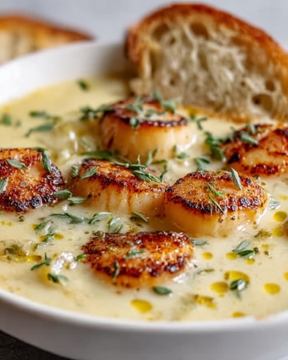 A white bowl filled with creamy soup that has browned, grilled scallops on top, each scallop with golden char marks and a slightly crispy texture. The soup is smooth and pale yellow with small green herb leaves sprinkled on it, adding fresh color. In the background, there is a slice of light brown crusty bread partially visible. The bowl sits on a white marbled surface, providing a clean and bright background. photo taken with an iphone --ar 4:5 --v 7