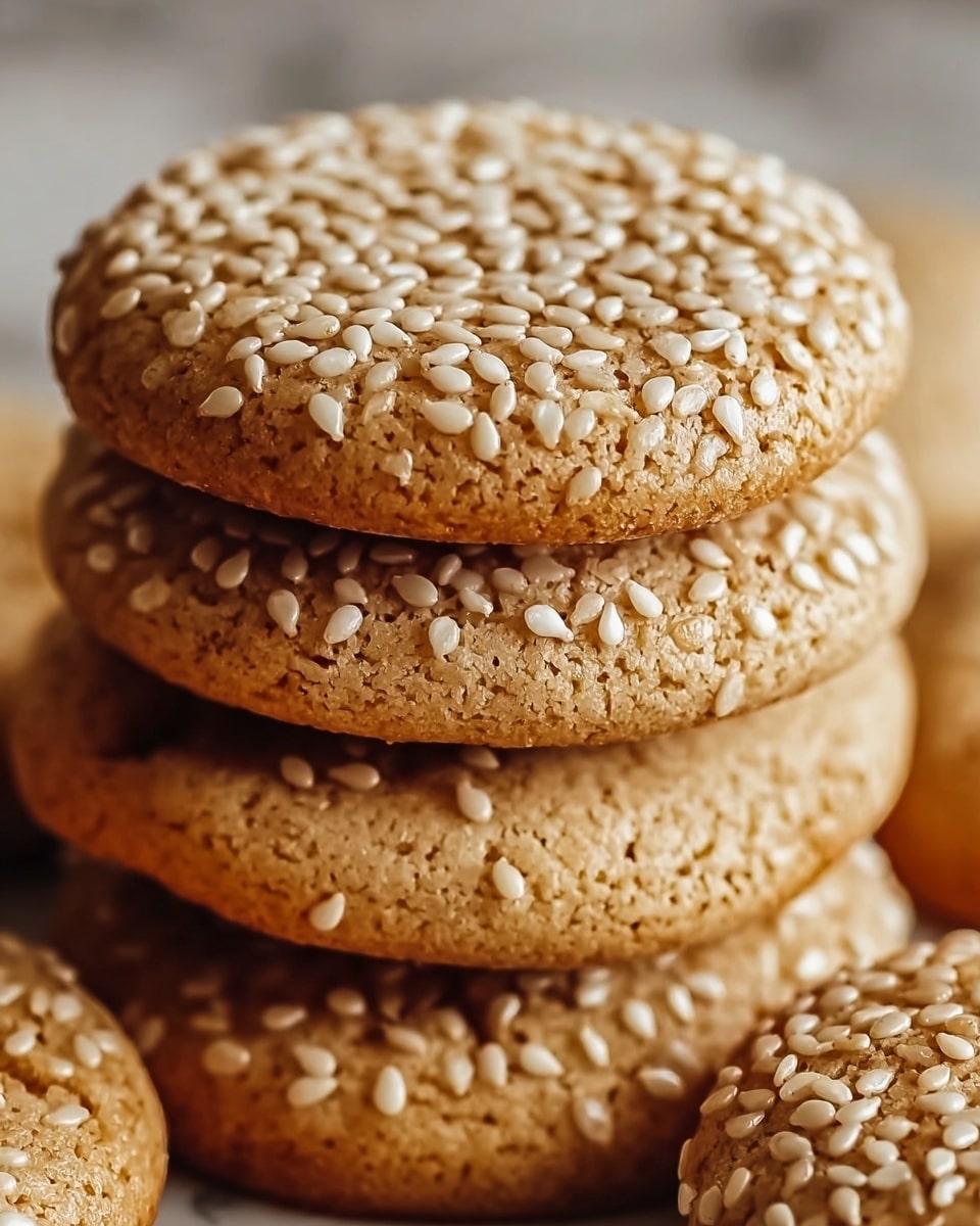 A close-up view of a stack of four round cookies, each cookie light brown with a slightly rough texture and covered evenly with small white sesame seeds on top. The stack is centered, showing the edges of each cookie clearly, with more cookies blurred softly in the background. The cookies have a consistent thickness and a slightly cracked surface beneath the sesame seeds, all placed on a white marbled texture. photo taken with an iphone --ar 4:5 --v 7