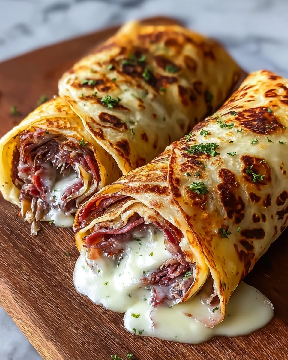 The image shows two rolled sandwiches placed side by side on a wooden board. Each sandwich has a golden-brown, lightly crispy outer crepe layer with some dark brown toasted spots. Inside, there are multiple layers of thinly sliced, tender, reddish-brown meat mixed with melted white cheese that has a smooth, creamy texture, slightly oozing out. The sandwiches are sprinkled with small green herb pieces on top, adding a fresh contrast. The background is a white marbled texture. photo taken with an iphone --ar 4:5 --v 7