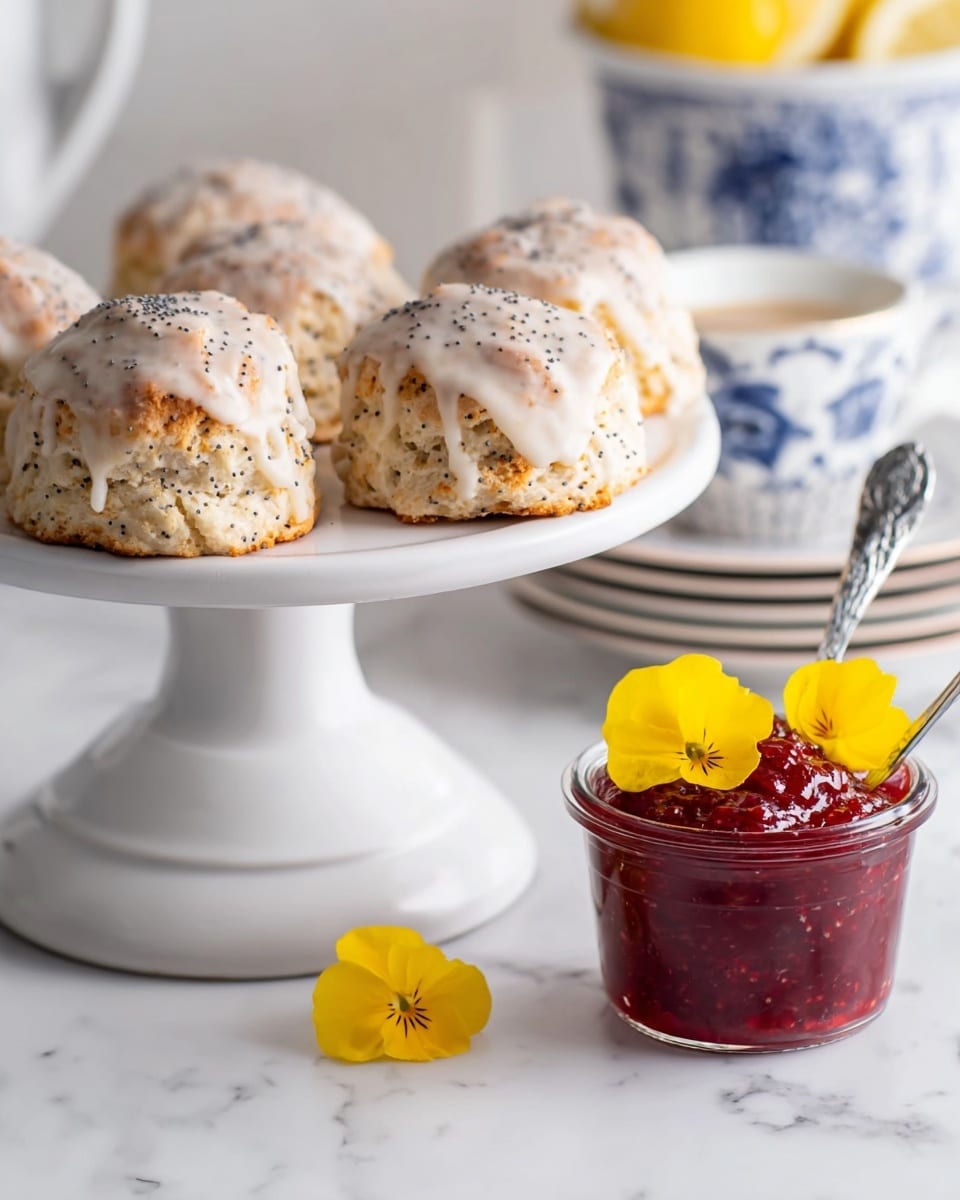 A white cake stand holds five round glazed scones with a light golden brown base and a creamy white icing dripping over the top, sprinkled with tiny black poppy seeds. The scones have a textured, slightly cracked surface showing the soft dough underneath. In the foreground, there is a clear glass jar filled with vibrant red jam topped with two bright yellow edible flowers and a silver spoon sticking out. Behind the cake stand, a white cup with blue patterns sits next to a small stack of white plates with lemon wedges peeking out. The whole scene rests on a white marbled surface. photo taken with an iphone --ar 4:5 --v 7