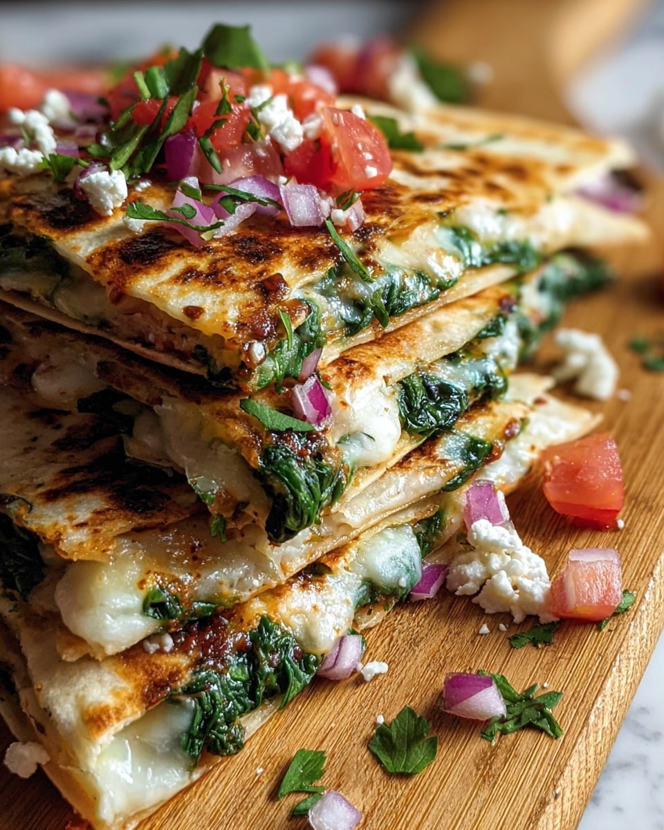 The image shows a close-up of stacked quesadilla slices on a wooden board. Each quesadilla has two golden-brown, toasted layers of soft tortilla filled with melted white cheese and bright green spinach leaves. On top and around the quesadilla slices, there are small pieces of red tomato, diced purple onion, and sprigs of fresh green herbs, with some white crumbly cheese scattered for extra texture. The layers have a mix of smooth and slightly crispy textures, with the toppings adding a fresh, colorful contrast. The background is a white marbled texture. Photo taken with an iphone --ar 4:5 --v 7