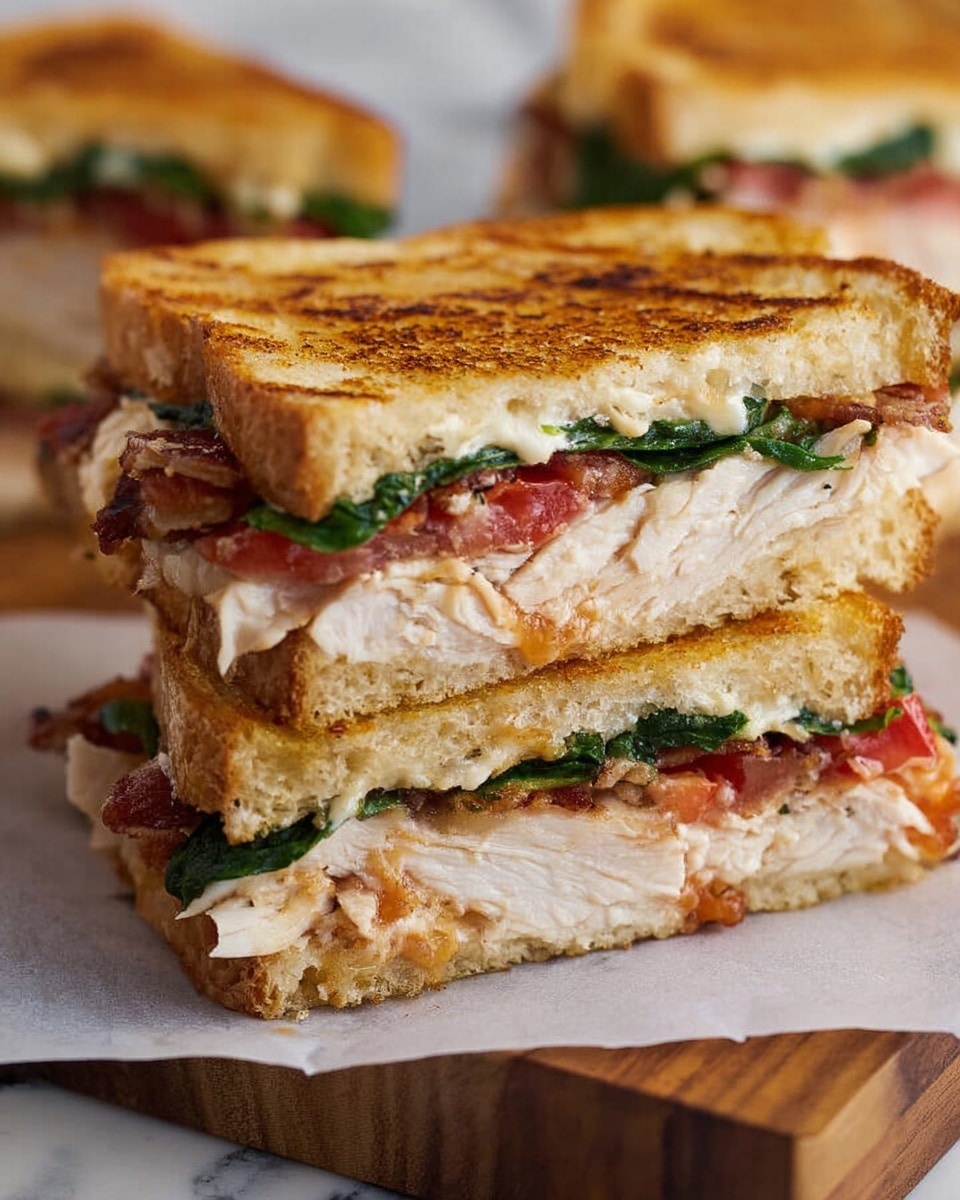 The image shows a close-up of a grilled sandwich cut in half and stacked. Each sandwich is made of two golden brown toasted bread slices, with a crispy outer texture. Inside, there are layers of creamy white turkey slices, bright green leafy spinach, thin red tomato slices, and crispy brown bacon pieces. The filling is thick and evenly layered, with the toasted bread slightly pressing down on the ingredients. The sandwich is placed on white parchment paper over a wooden board, with a blurred background of more stacked sandwich halves. The whole scene sits on a white marbled surface. photo taken with an iphone --ar 4:5 --v 7