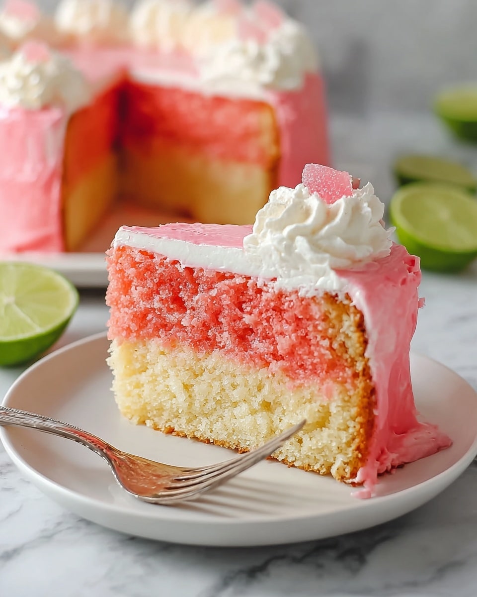 A slice of cake sits on a white plate with a silver fork next to it. The cake has three layers: the bottom layer is a thin, light brown crust, the middle layer is a thick, soft pink cake with a crumbly texture, and the top layer is a smooth white cream. On top, there is a glossy pink jelly-like layer with a small dollop of white cream and a small pink candy piece as decoration. In the background, the rest of the cake can be seen with a slice cut out, and there are halved green limes placed around. The whole scene is set on a white marbled surface. photo taken with an iphone --ar 4:5 --v 7
