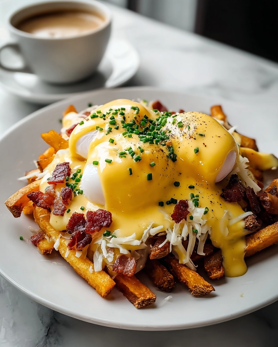 This dish is served on a white plate placed on a white marbled surface. The bottom layer is made of golden brown crispy fries arranged loosely. On top of the fries, there is a layer of melted white shredded cheese. Above the cheese, two poached eggs with smooth, shiny, and soft white bases cover the center area, topped with bright yellow, creamy hollandaise sauce flowing over the fries and cheese. Scattered around the egg and sauce are small pieces of crispy, reddish-brown bacon. The dish is finished with a sprinkle of finely chopped green chives and a light dusting of black pepper on the sauce. In the background, there is a white cup filled with coffee. Photo taken with an iphone --ar 4:5 --v 7