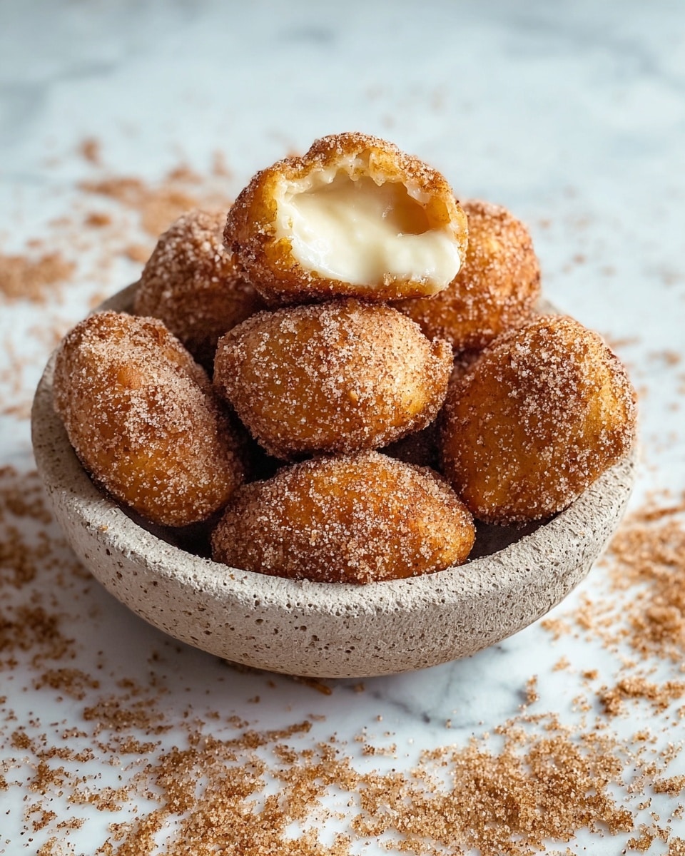 A small stone bowl filled with seven round, golden-brown fritters covered in a mixture of sugar and cinnamon, giving them a grainy texture. One fritter is torn open at the top, showing a smooth, creamy white filling inside, contrasting with the slightly rough, sugary outside. The bowl sits on a white marbled surface scattered with cinnamon sugar granules, adding a warm, rustic feel to the scene. photo taken with an iphone --ar 4:5 --v 7