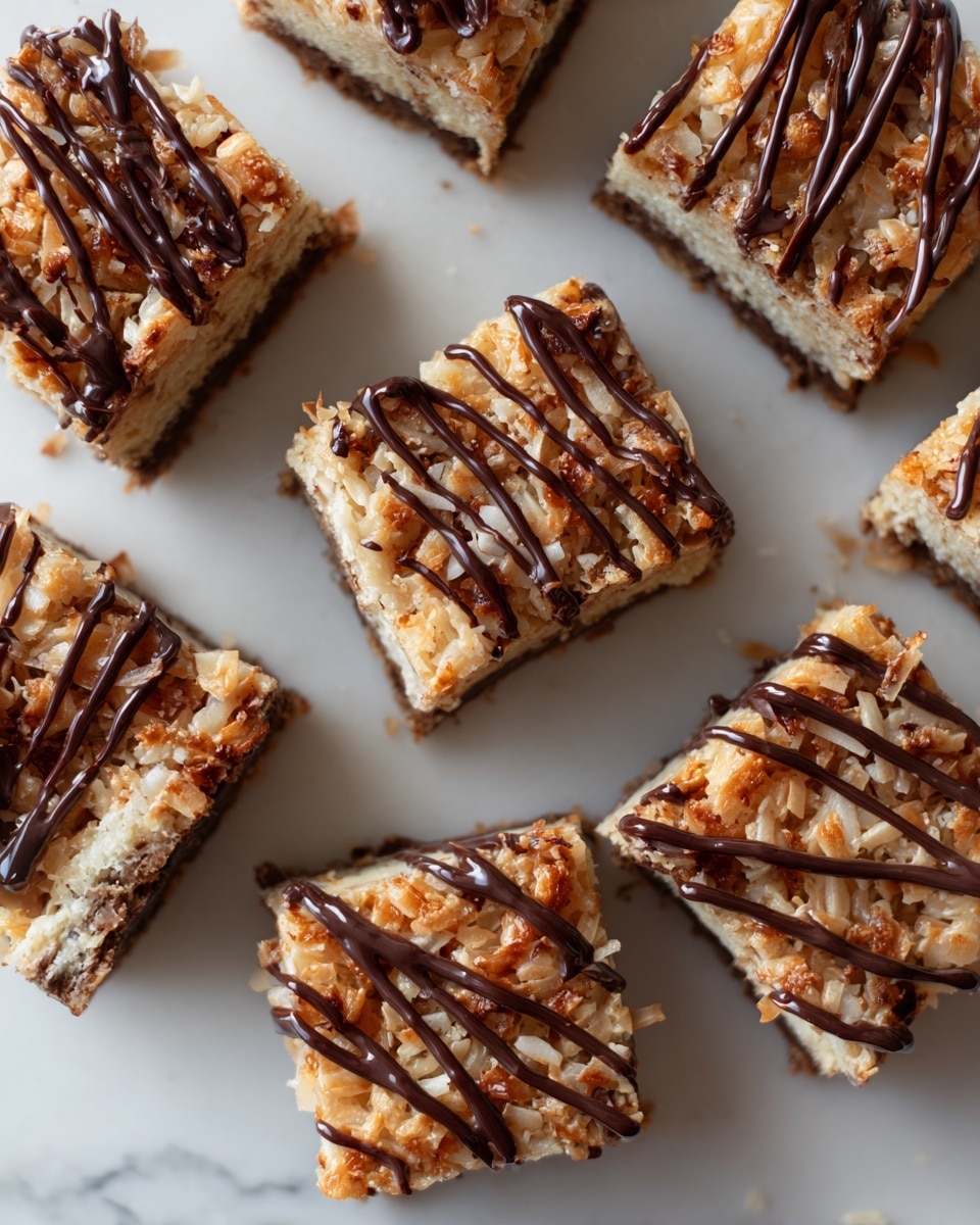 The image shows a close-up of a multi-layered dessert cut into triangular slices, arranged neatly. The bottom layer is a rich, dark brown, soft brownie base with a crumbly texture. Above it, there is a gooey, golden caramel layer mixed with light brown toasted coconut flakes that create a rough, crunchy surface. On top, thin dark brown chocolate drizzle lines run diagonally across the dessert, adding contrast and detail. The dessert sits on a white marbled surface with some caramel drizzle and crumbs scattered around. photo taken with an iphone --ar 4:5 --v 7