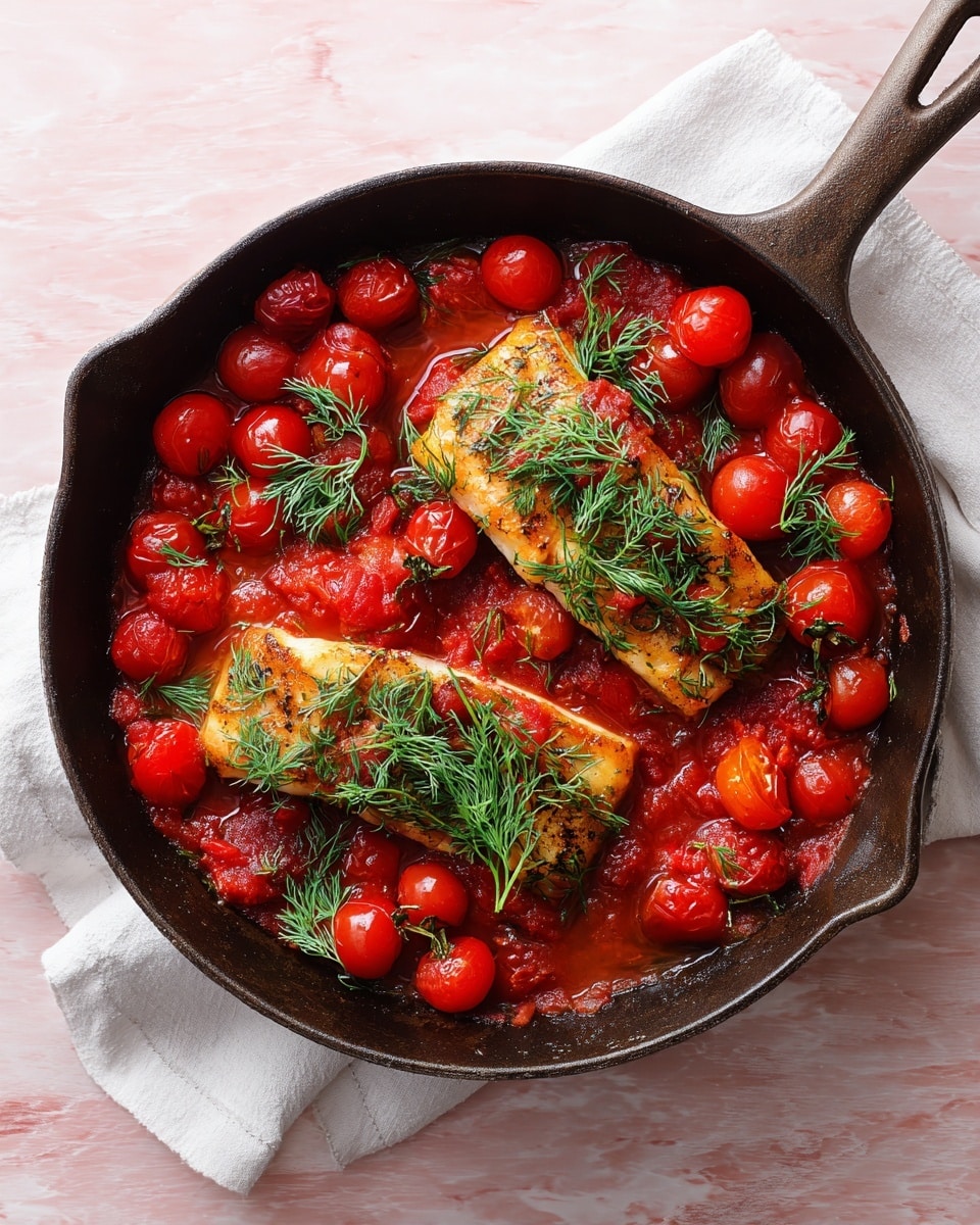A black skillet holds two golden-brown grilled fish fillets placed side by side, each topped with fresh green dill sprigs. Surrounding the fish, there is a vibrant mix of whole bright red cherry tomatoes and cooked chopped tomatoes, creating a colorful base layer with a juicy, slightly chunky texture. The skillet rests on a beige textured cloth, set against a white marbled surface. photo taken with an iphone --ar 4:5 --v 7