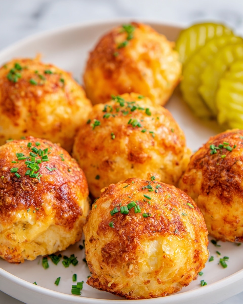 The image shows six golden-brown, round cheesy balls placed on a white plate, each with a slightly crispy and textured surface, topped with small green bits of chopped herbs for garnish. The cheese balls have a rich orange and yellow tone, showing some darker browned spots from baking or frying. In the background on the plate, there are a few slices of yellow-green pickles with ridged edges, adding a fresh contrast to the warm tones of the cheese balls. The white marbled surface underneath the plate adds a clean and bright backdrop to the scene. Photo taken with an iphone --ar 4:5 --v 7
