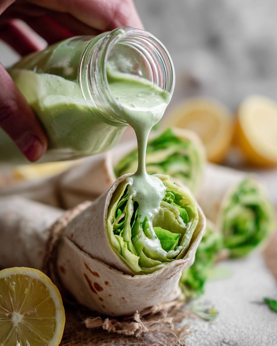 A close-up image shows a wrap being held by a woman's hand, with the wrap cut to reveal multiple tightly rolled layers of fresh green lettuce inside a soft, light beige tortilla. A creamy green sauce with a smooth texture is being poured from a glass bottle onto the exposed end of the wrap. The background has a white marbled texture with blurred elements, including a lemon half and more wraps. Photo taken with an iphone --ar 4:5 --v 7