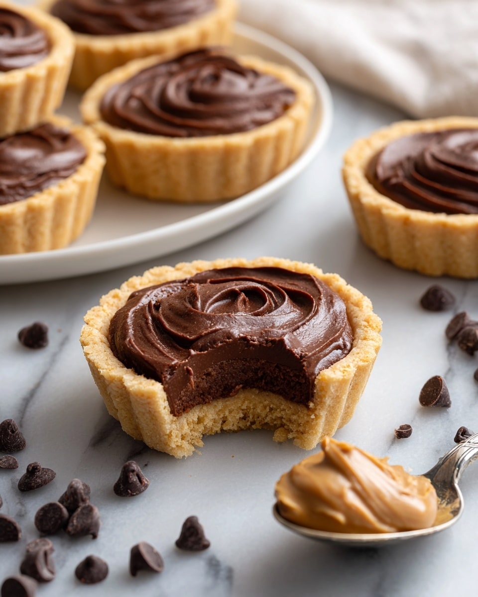 The image shows small tartlets with a light golden-brown cookie crust forming the base and sides. Inside each tartlet is a smooth, thick layer of rich, dark chocolate filling with a creamy texture, swirled on top. One tartlet in the center has a bite taken out, revealing the dense chocolate layer inside. Around the tartlets, there are scattered dark chocolate chips and a silver spoon holding a dollop of creamy peanut butter. All items are placed on a white marbled surface, and a white plate with more tartlets is visible in the background. photo taken with an iphone --ar 4:5 --v 7