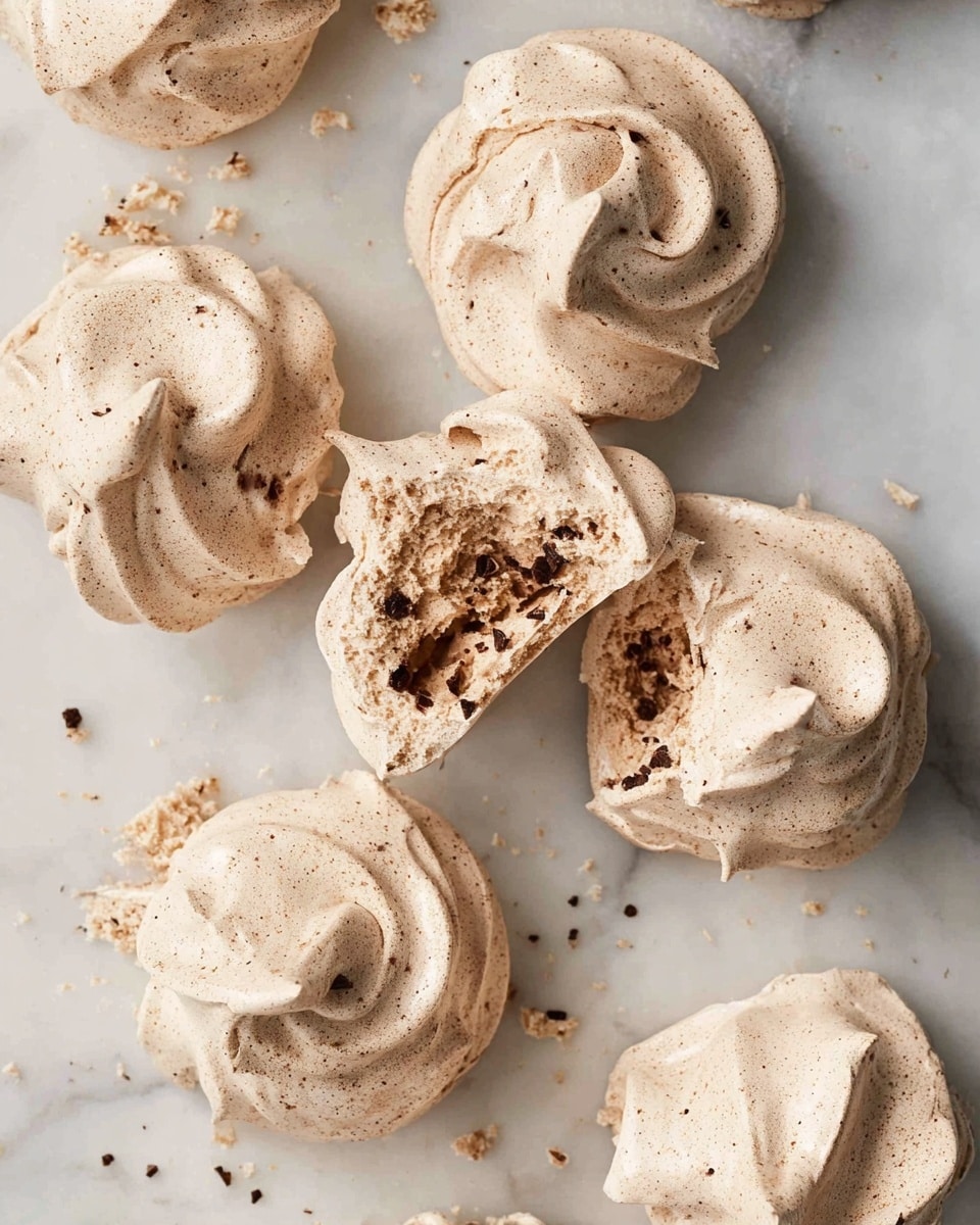The image shows eight light brown meringue cookies with a rough, swirled texture on a white marbled surface. One meringue is broken in half, revealing a soft, slightly darker brown inside with small chocolate chips scattered throughout. The cookies have a light and airy look, with uneven peaks and swirls on top. Small crumbs are scattered around them on the surface. Photo taken with an iphone --ar 4:5 --v 7