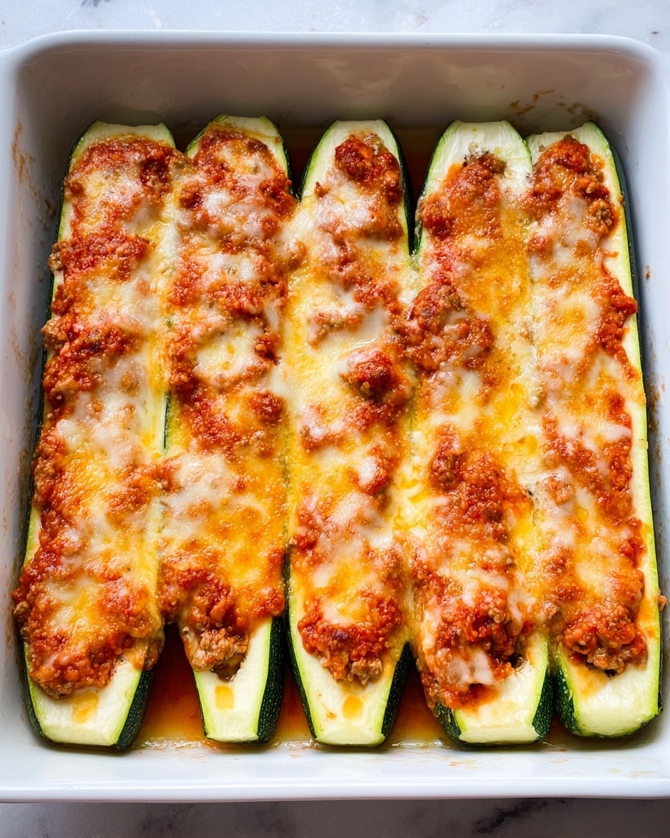 The image shows a white rectangular baking dish filled with six evenly spaced zucchini boats, each sliced lengthwise and hollowed out at the center. Each zucchini boat has a base layer of green and white zucchini skin and flesh, topped with a thick, generous layer of orange-red tomato sauce mixed with ground meat or vegetables. The final top layer is melted, golden-browned cheese bubbly with a slightly crispy texture, spread evenly on each zucchini piece. The dish is placed on a white marbled surface. photo taken with an iphone --ar 4:5 --v 7