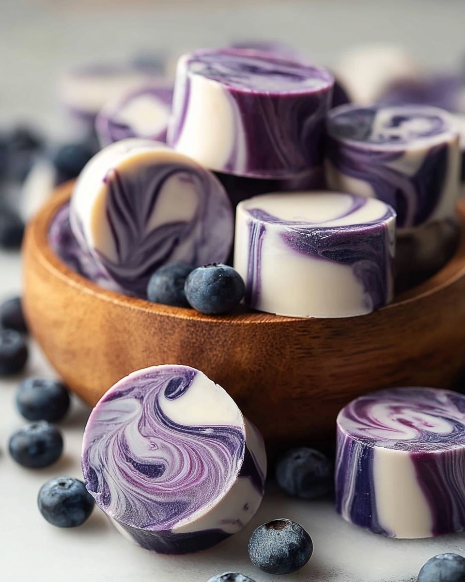 Several small, round dessert pieces are stacked in a wooden bowl, each showing a marbled pattern with two layers. The top and sides of the treats mix creamy white and deep purple swirls, creating a smooth, glossy texture that looks rich and soft. The purple waves vary in tone, blending dark and light shades tightly with the white base, giving a flowing, artistic look. Around the bowl are scattered fresh blueberries. The whole scene is set on a white marbled surface. photo taken with an iphone --ar 4:5 --v 7