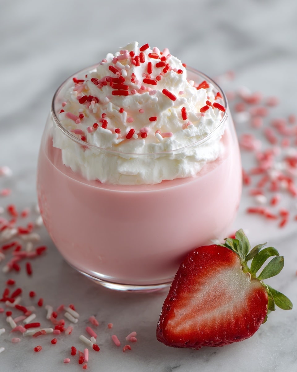 This image shows a dessert in a clear glass cup with three visible layers: the bottom and largest layer is smooth and light pink, the middle layer is thick white whipped cream with soft, fluffy texture, and the top layer is half of a fresh red strawberry with green leaves placed neatly on the whipped cream. The glass cup is sitting on a white marbled surface. Photo taken with an iphone --ar 4:5 --v 7