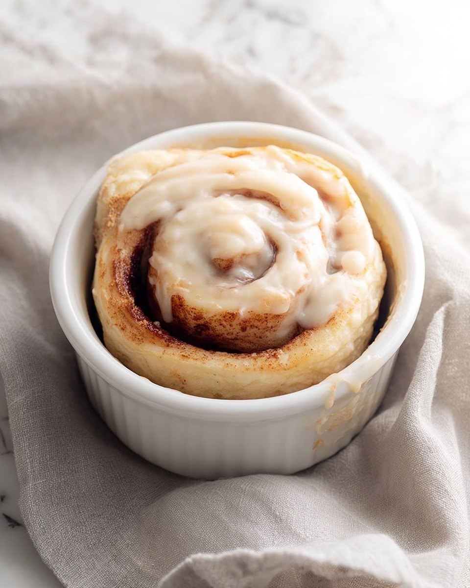 A single cinnamon roll sits inside a white round ramekin placed on a soft grey cloth, which gently folds around it. The cinnamon roll shows two thick layers: the soft, light golden dough spiraling inward with a darker cinnamon swirl line visible inside, and a glossy, creamy white icing dolloped generously on the top layer, slightly melting into the dough. The background consists of a white marbled surface with a subtle pattern to add brightness and contrast to the warm color of the cinnamon roll. photo taken with an iphone --ar 4:5 --v 7