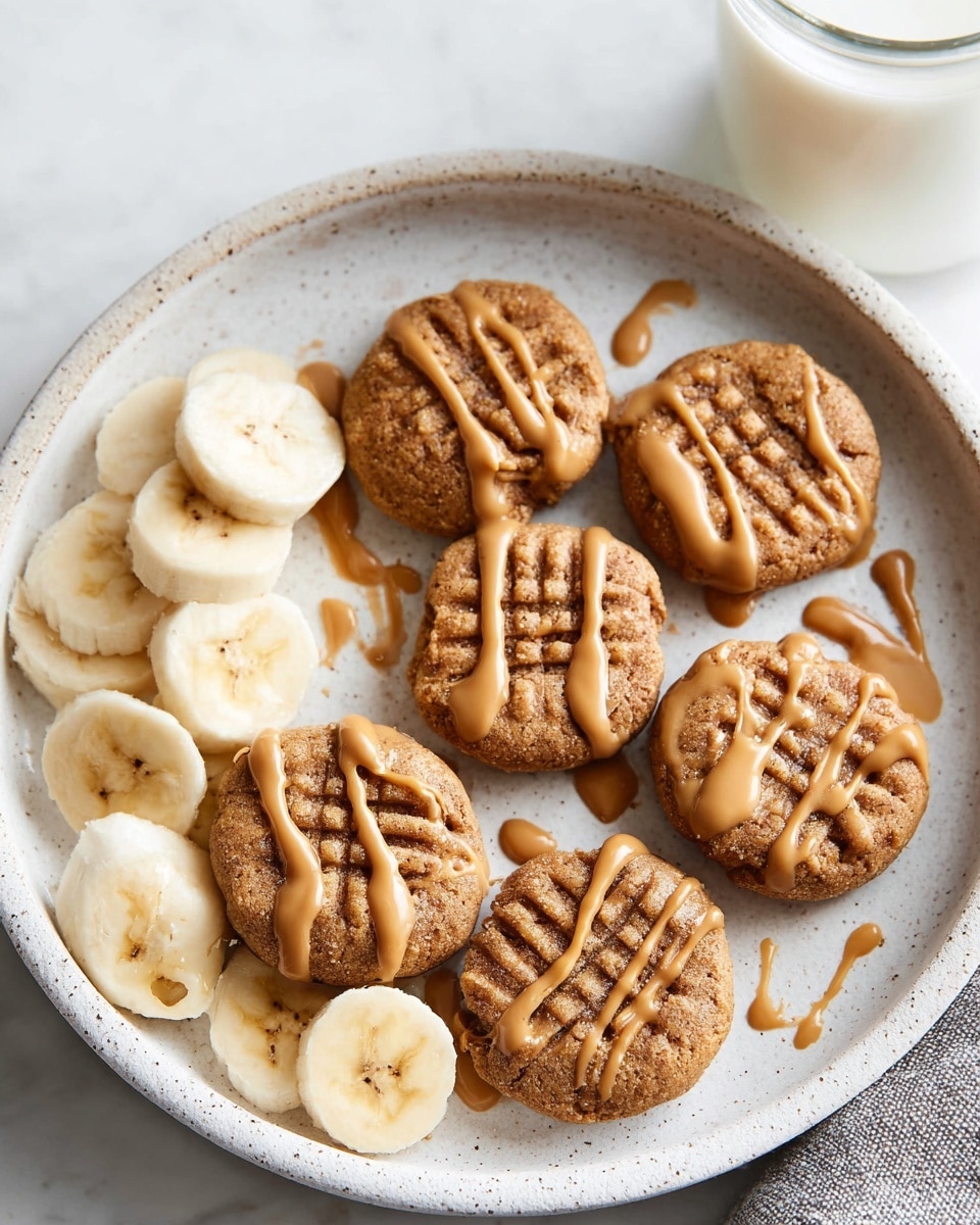 A white speckled shallow bowl holds eight small round cookies with light brown color and parallel fork marks on top, sprinkled lightly with salt. Scattered around the cookies are soft pale yellow banana slices. To the left, a small white bowl contains a smooth honey-colored spread on a wooden board, while a striped cloth lies below the bowl. The background is a white marbled surface with a wire cooling rack on the top right corner holding one cookie. photo taken with an iphone --ar 4:5 --v 7