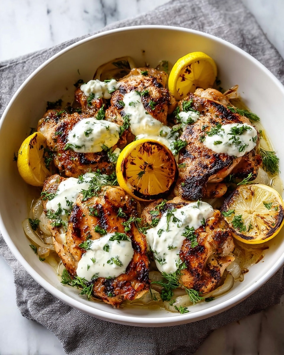 This image shows a white bowl filled with several pieces of grilled chicken thighs that have a golden-brown, slightly charred surface, layered over cooked onions that look soft and translucent at the bottom. On top of the chicken, there are dollops of white creamy sauce with small green herb pieces sprinkled over it, and thin green herb pieces are scattered around the dish. Three slices of lemon are placed on top and around the chicken, adding a bright yellow color, with one lemon half showing a grilled, slightly caramelized surface. The bowl rests on a gray cloth on a white marbled surface. Photo taken with an iphone --ar 4:5 --v 7