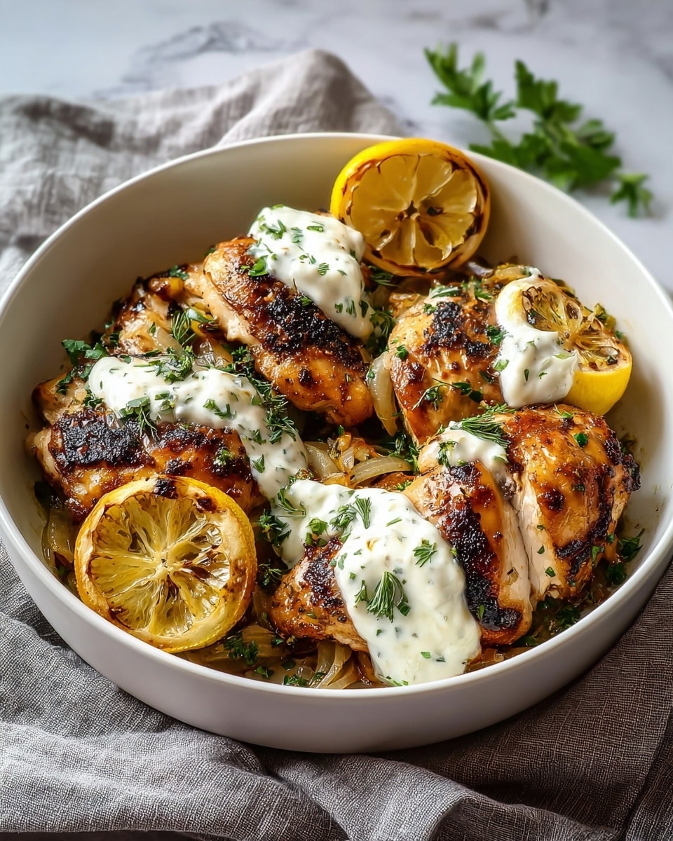 This dish is presented in a white bowl filled with several grilled chicken pieces that have a golden-brown crispy skin with some darker char marks. The chicken sits on a bed of sautéed onions and herbs, giving a mix of light brown and green colors underneath. On top of the chicken, dollops of creamy white sauce are placed unevenly, each sprinkled with fresh green herbs. There are also several lemon slices, some grilled with caramelized edges and others fresh, positioned on and around the chicken. The bowl is set on a soft gray cloth over a white marbled surface, adding a subtle textured background. photo taken with an iphone --ar 4:5 --v 7