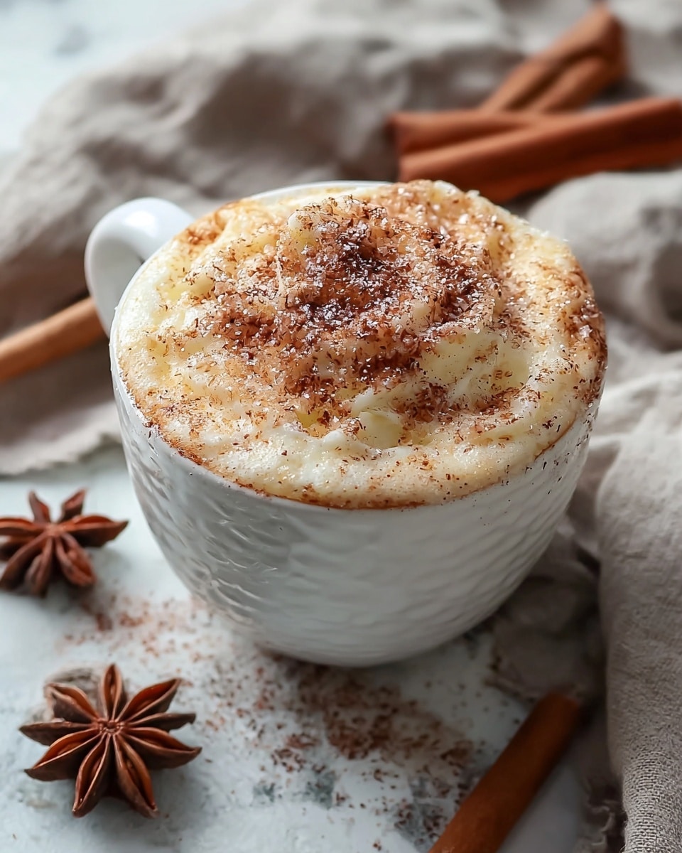 A white ceramic cup filled with a fluffy, lightly browned whipped topping sprinkled with cinnamon and sugar crystals, slightly overflowing the rim with a textured, airy surface. The cup sits on a white marbled texture with cinnamon sticks and star anise arranged nearby, adding a warm and cozy feel to the scene. photo taken with an iphone --ar 4:5 --v 7