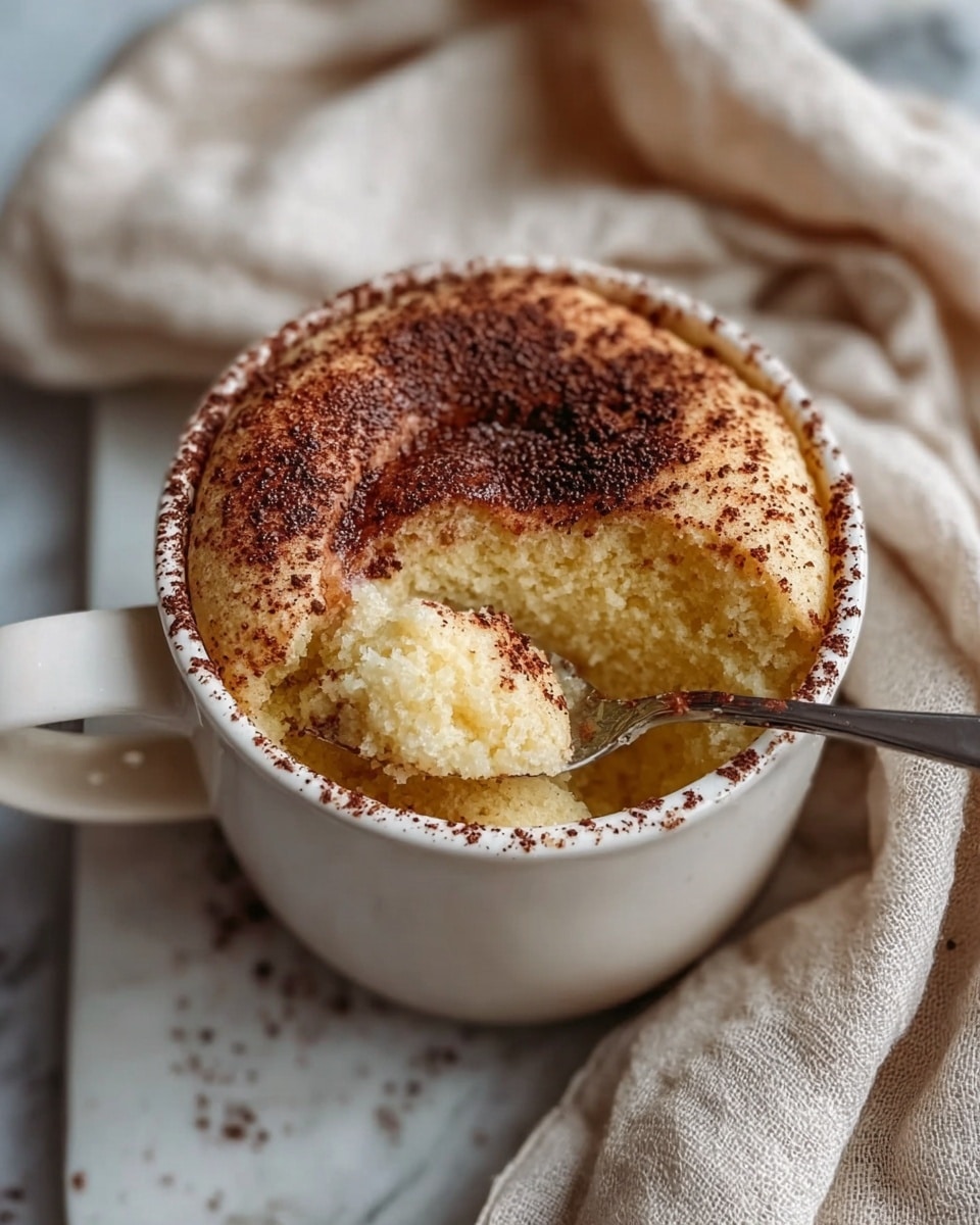 A close-up of a white mug filled with a fluffy, light yellow mug cake topped with a dusting of cocoa powder that adds a dark brown speckled pattern on the soft surface. The cake is slightly risen with a smooth and spongy texture visible, and a spoon is scooping out a portion from the center, showing the airy inside. The mug sits on a white marbled surface with a light beige cloth loosely wrapped beside it, creating a cozy and warm scene. Photo taken with an iphone --ar 4:5 --v 7