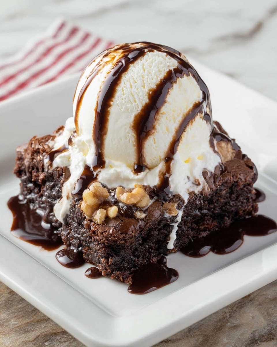 A glass baking dish filled with a freshly baked dessert showing two distinct layers: a dark brown, slightly cracked chocolate brownie layer on top with a rough texture, and underneath a lighter, creamy tan peanut butter swirl layer visible through spots in the brownie. Scattered across the top are shiny, round chocolate chips and chunks of small peanut butter cup candies adding depth and texture. The dish is placed on a white marbled textured surface with a blue and white striped cloth napkin and a metal serving spoon resting nearby. photo taken with an iphone --ar 4:5 --v 7