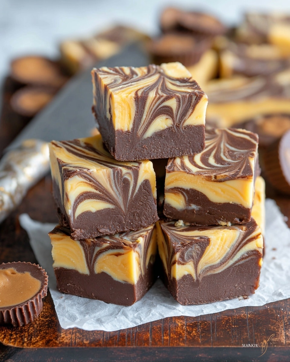 A stack of square fudge pieces with two visible layers: a bottom dark brown chocolate layer and a top creamy yellow layer swirled with dark brown chocolate in wave-like patterns. The fudge has a smooth, slightly glossy texture and is arranged on white wax paper over a dark wooden surface. Around the fudge, there are round chocolate peanut butter cups with a milk chocolate top, placed directly on the surface. In the background, a knife with a dark handle is slightly out of focus, resting next to more fudge pieces. The whole scene is set on a white marbled texture. photo taken with an iphone --ar 4:5 --v 7