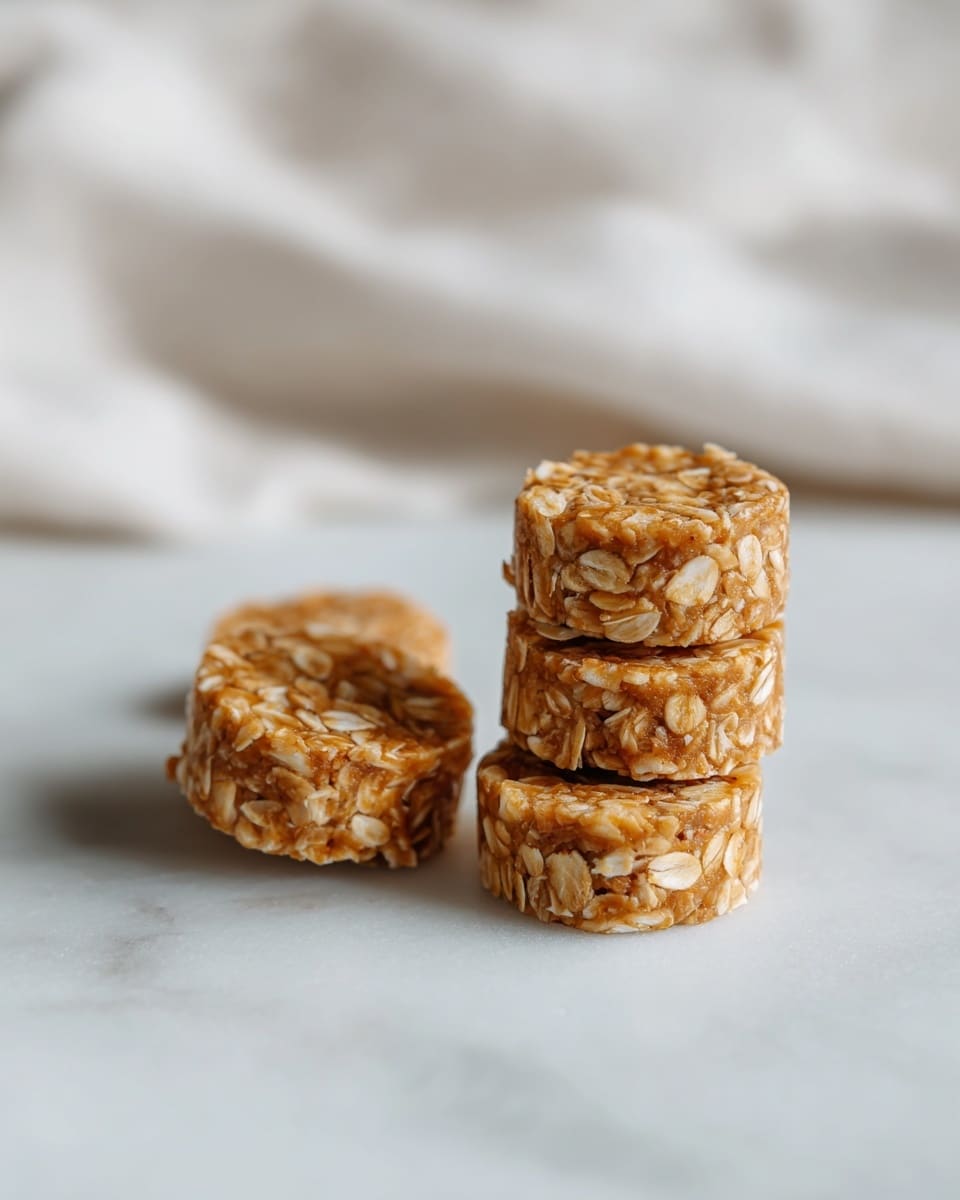 The image shows three stacks of small round oat and peanut butter bites placed on a white marbled surface. The left stack has two bites lying flat, the middle stack contains four bites neatly piled one on top of the other, and the right stack has four bites stacked slightly leaning. Each bite has a light brown color with visible oats mixed in, creating a textured look. The background is plain and softly draped white fabric that contrasts with the warm color of the bites. Photo taken with an iphone --ar 4:5 --v 7
