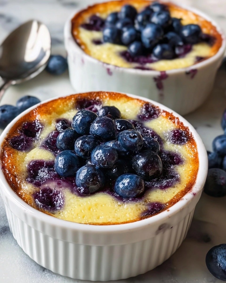 Two white ramekins hold baked blueberry desserts with three visible layers; the bottom layer is golden brown and slightly crispy, the middle layer is a creamy yellow custard dotted with melted purple blueberry spots, and the top layer consists of whole fresh blueberries piled in the center, deep blue in color. The ramekins sit on a white marbled surface, with some blueberries scattered around and a spoon nearby in soft focus. The lighting is natural, highlighting the shiny texture of the berries and the warm crust edges on the custard. Photo taken with an iphone --ar 4:5 --v 7
