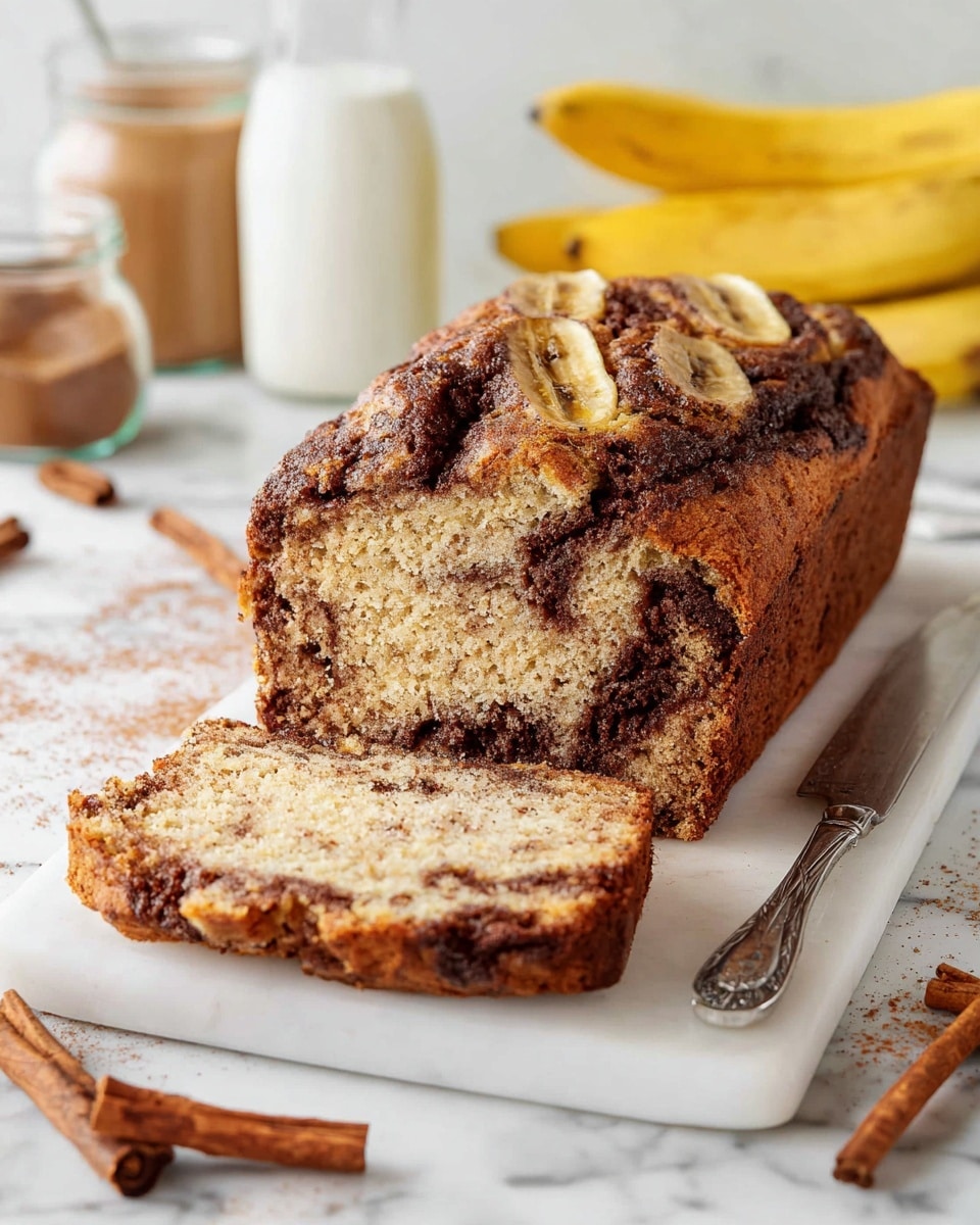 A loaf of banana bread is shown, sliced to reveal two main layers: the bottom layer is light beige with a soft, crumbly texture, and the top layer has dark brown swirls of cinnamon or chocolate running through it. The loaf sits on a white marble rectangular board, with a vintage silver knife resting beside it. The top of the bread is rough and darker, with slices of banana visible on the crust. In the background, a bunch of bananas, a glass jar of brown sugar, a glass of milk, and some cinnamon sticks are scattered on a white marbled surface. photo taken with an iphone --ar 4:5 --v 7