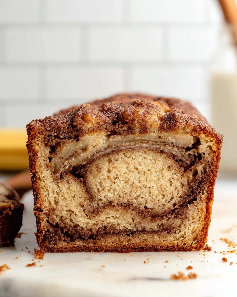 A close-up of a thick slice of banana bread with visible swirls of cinnamon brown and light tan batter inside. The top layer is darker brown and crumbly, with a slightly cracked crust. The inside looks moist and soft with a marbled texture of cinnamon running through the light tan banana bread base. The slice rests on a white marbled surface with some crumbs scattered around. In the background, there is a blurred white tiled wall. Photo taken with an iphone --ar 4:5 --v 7