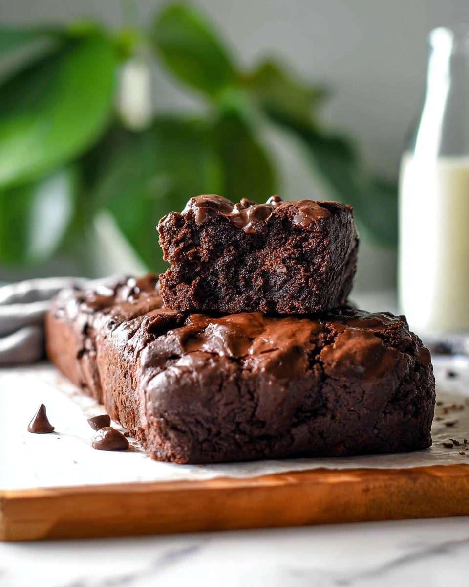A rich dark brown chocolate brownie loaf sits on a white marbled surface with a wooden cutting board at the front edge. The brownie is thick with a cracked, slightly glossy crust and gooey melted chocolate chips spread unevenly on top. One thick square piece is cut and placed on top of the loaf, showing a dense, moist interior filled with melted chocolate pockets that glisten in the light. In the background, blurred green plant leaves and a glass bottle with white liquid add a fresh contrast. The scene is softly lit, emphasizing the brownie’s texture and shine. photo taken with an iphone --ar 4:5 --v 7