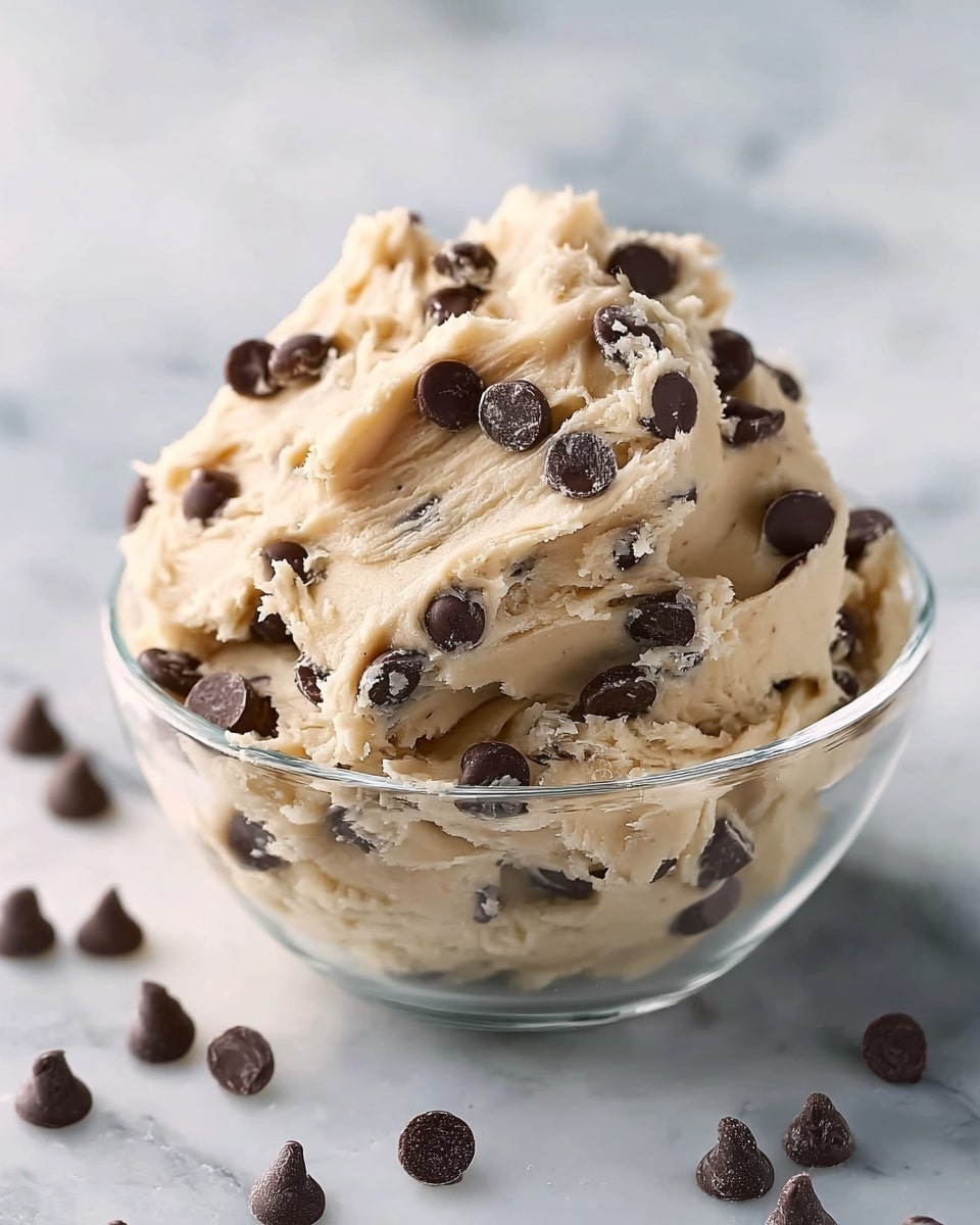 A clear glass bowl filled with a mound of thick, creamy cookie dough that is light beige in color, generously studded with large, smooth, dark brown chocolate chips throughout. The dough appears soft with a slightly rough texture, and chocolate chips are both mixed inside and scattered on top, creating a rich contrast. Around the bowl, a few chocolate chips lay on a surface with a white marbled texture, enhancing the fresh and inviting look of the mixture. photo taken with an iphone --ar 4:5 --v 7