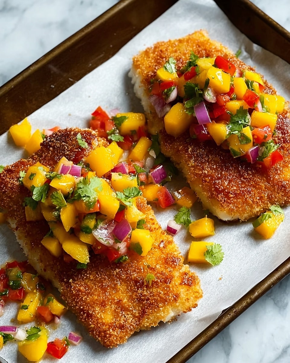 Two pieces of crispy golden-brown breaded fish fillets lie on a sheet of white parchment paper over a baking tray. Each fish fillet is topped with a colorful salsa made of bright yellow mango chunks, red tomato pieces, purple onion, and green cilantro leaves. The texture of the fish looks crunchy and the salsa appears fresh and juicy, with some salsa spilling onto the parchment paper. The dark baking tray contrasts with the white parchment, and the whole setup is placed on a surface with a white marbled texture. Photo taken with an iphone --ar 4:5 --v 7