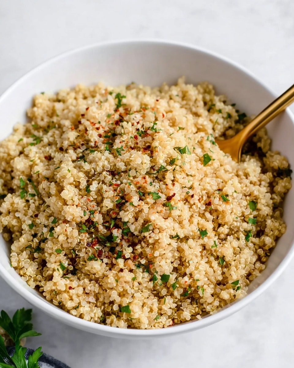 A white bowl filled with a single layer of cooked quinoa, which is light tan and fluffy with a slightly grainy texture. Small green bits of chopped herbs and tiny sprinkles of red spices are spread evenly on top, adding color contrast. A golden spoon is placed inside the bowl on the right side, partially resting in the quinoa. The bowl sits on a white marbled surface with some green herbs blurred softly in the background. The photo taken with an iphone --ar 4:5 --v 7