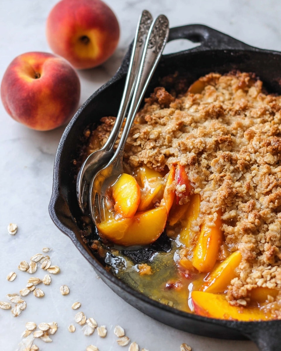 A close-up view of a peach crumble baked in a black cast iron skillet, with a crumbly, golden-brown oat topping covering juicy, bright orange and yellow peach slices visible beneath, some peach juices oozing around the edges, two silver forks resting inside the skillet near the empty portion, and two whole peaches placed in the background on a white marbled surface scattered with oats, photo taken with an iphone --ar 4:5 --v 7