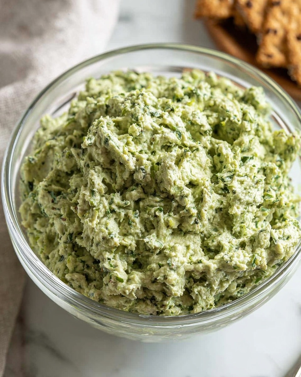 A clear glass bowl filled with a thick, chunky green dip showing small bits of herbs mixed throughout, the texture looks creamy yet textured with visible small pieces. The bowl sits on a white marbled surface, with a soft towel partially seen in the upper left corner and blurred brown crackers in the top right background. Photo taken with an iphone --ar 4:5 --v 7