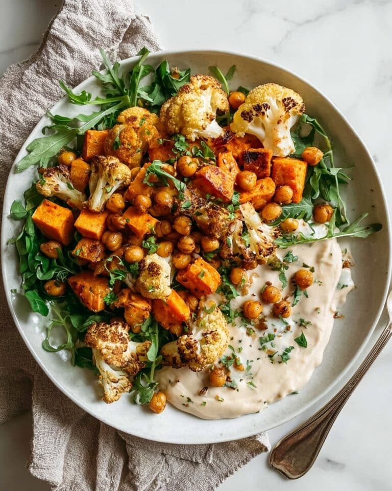 Glow Bowl with Roasted Cauliflower, Carrots, Chickpeas, and Tahini Yogurt Sauce Recipe
