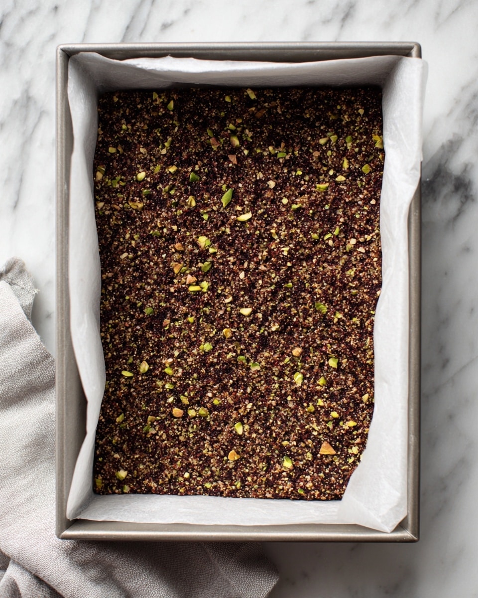 A close-up view of square chocolate bars with three visible layers: the bottom layer is a crumbly texture in a light brown color, the middle layer is dark chocolate with a smooth, glossy texture, and the top layer is a rich, glossy dark chocolate sprinkled with roughly chopped green pistachios, dried red cranberries, and bits of nuts, with small flakes of sea salt scattered on top. The bars rest on crinkled white parchment paper that shows a slight texture contrast, and parts of other bars can be seen around the main piece. The whole scene is set on a white marbled background. photo taken with an iphone --ar 4:5 --v 7