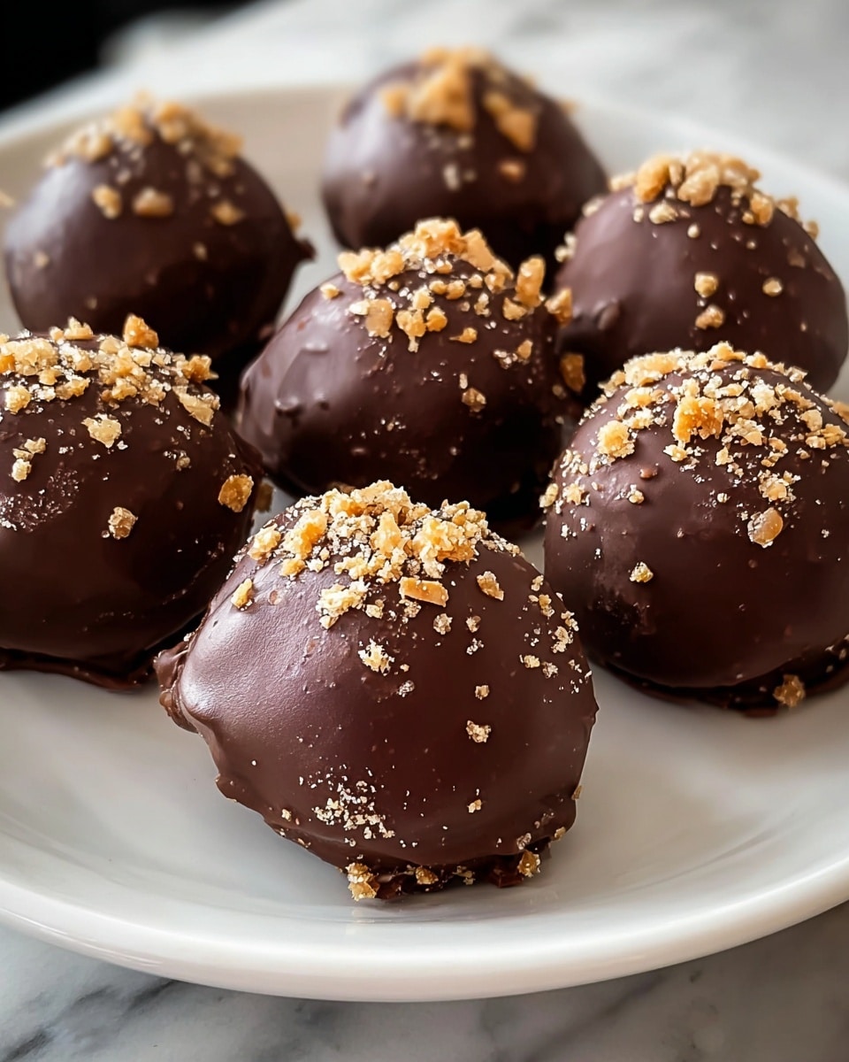 Seven round chocolate-covered treats are placed on a white plate with a smooth surface, arranged in a loose cluster. Each treat has a dark, rich chocolate coating that looks thick and slightly glossy, with a few small cracks and bumps showing the uneven texture beneath. On top of each chocolate-covered piece, there are small white flakes sprinkled, adding a touch of contrast and possibly representing salt or sugar. The plate rests on a white marbled surface, giving a clean and simple background. The focus is close, showing clear details of the chocolate texture and flakes. photo taken with an iphone --ar 4:5 --v 7