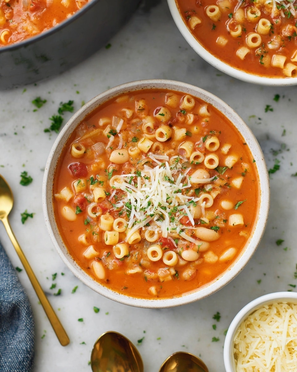 A white bowl filled with tomato-based soup containing small tube-shaped pasta. The soup is a rich orange-red color with visible small white beans and diced vegetables mixed throughout. On top, there is a sprinkle of shredded cheese and finely chopped green herbs. The bowl is placed on a white marbled surface with some scattered herbs and shredded cheese around. Nearby are two gold-colored spoons and a small bowl filled with shredded cheese. In the background, parts of another white bowl and a large dark pot are visible. photo taken with an iphone --ar 4:5 --v 7